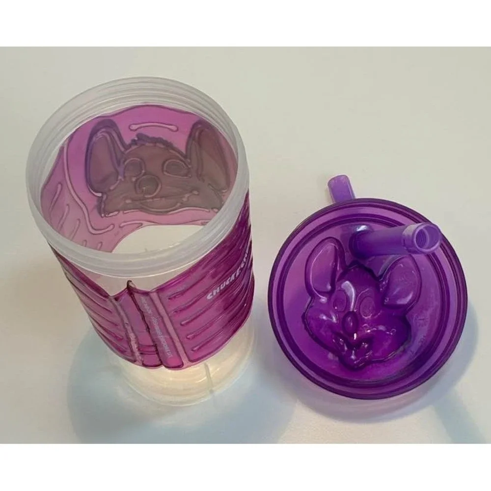 Chuck E Cheese Purple Souvenir Cup Removable Sleeve‎ Lid 2021 Flawed Straw